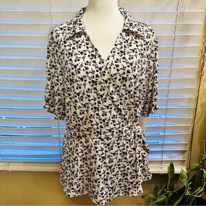 PerSeption Concept Black and White Floral Peplum Side Tie V-Neck Blouse Size XL